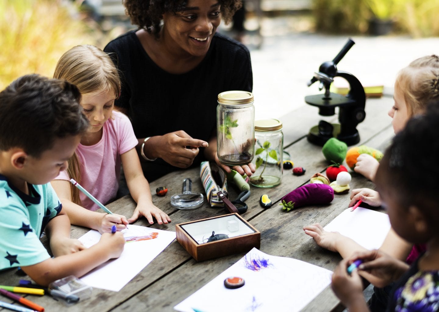 Young students examine and draw natural objects